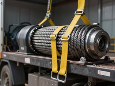 Tight technical macro shot of heavy-duty steel rigging cables and secure yellow tension straps holding industrial machinery on a flatbed truck, clean industrial background.