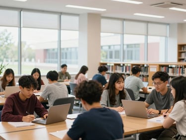 Diverse students collaborating in a modern Canadian university library, large windows, natural light.