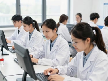 Students in a modern German engineering lab, bright, clean, focused.