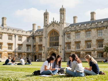 Students studying in a historic UK university quad, bright daylight, gothic architecture.
