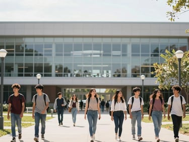 Students walking past a modern US university building with a bustling campus scene, bright daylight.