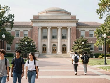 Iconic American university architecture with students on campus, bright natural daylight, optimistic tones, shallow depth of field