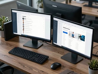 Overhead environmental shot of a modern organized workspace with dual monitors displaying the Globilise client portal interface under cool natural daylight.