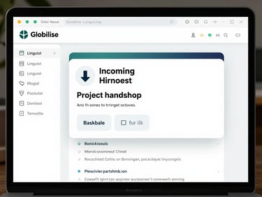 A detailed UI mockup of the Globilise linguist portal showing an incoming project handoff notification with file download links and a digital purchase order