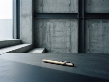 Minimalist architectural photography of clean concrete lines and steel beams, a single brass pen resting on a dark matte desk in the foreground, cool diffused daylight with sharp shadows, 35mm