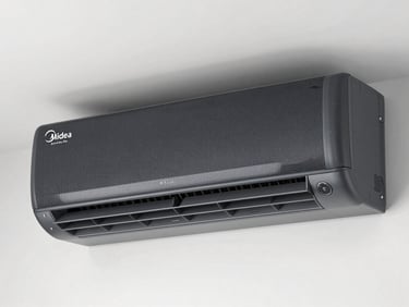 Modern Midea Xtreme Save Pro Carbon air conditioning unit in a stylish dark grey interior, sharp focus
