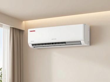 Premium Toshiba Haori fabric-design air conditioner in an elegant modern bedroom, warm ambient lighting