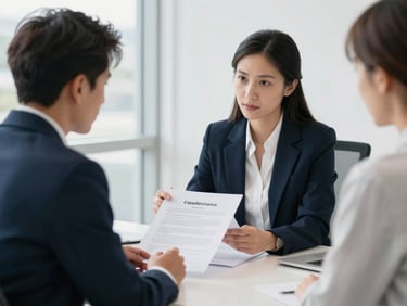 A bright modern Canadian office with natural light, a professional advisor reviewing a corporate compliance document with an entrepreneur, sharp focus, 35mm lens