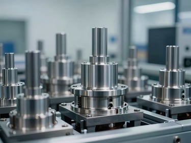 Close-up of high-precision machined metal components in a modern clean European manufacturing facility, cool silver tones
