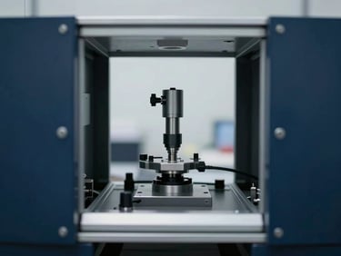 Close-up of technical precision quality control inspection in a European facility, cool overcast light, 35mm