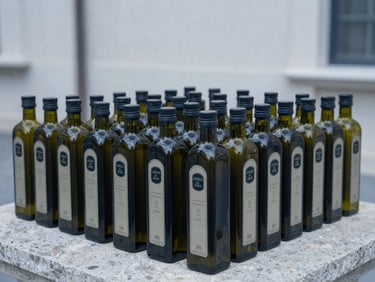 Bespoke glass bottles of premium olive oil arranged neatly on a stone surface in a cool-toned European workshop