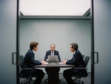 Quiet executive meeting room in London, professional business interaction, side-profile, 35mm