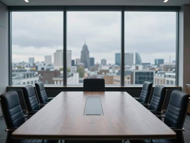 Refined corporate boardroom in London, cool overcast daylight filtering through large windows, minimalist oak table, professional atmosphere, 35mm editorial photography