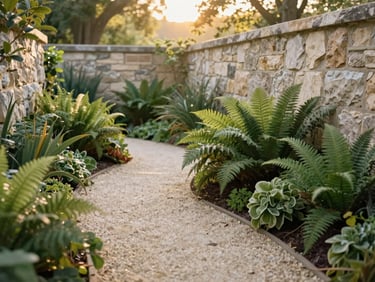 A serene gravel garden path winding through deep green botanical ferns and Kentucky limestone walls, soft golden-hour light filtering through trees, 35mm