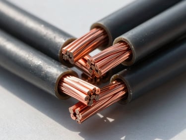 Thick industrial power cables stripped to show copper core, sharp focus, 35mm lens