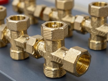 Polished brass valves and industrial fittings, golden metallic texture, daylight