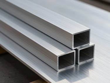 Clean sorted aluminum sheets and profiles, metallic silver texture, professional photography