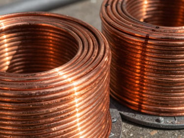 Close-up of bright orange copper wire coils, metallic texture, sharp focus, industrial lighting