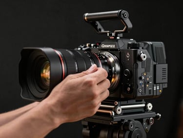 Close-up of a cinema-grade camera body being mounted on a dolly inside a dark studio, hands adjusting the lens mount, warm tungsten light catching the metal housing