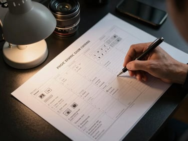 Close overhead view of a storyboard and shot list spread on a black desk, a hand holding a pen mid-notation, tungsten desk lamp casting warm side light across the paper