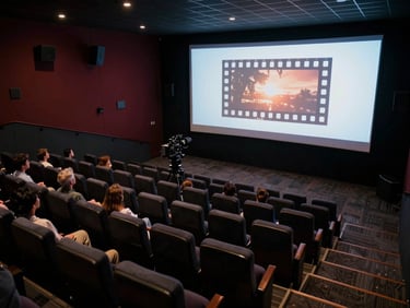 Overhead view of a screening room, rows of seats facing a lit projection screen showing a film frame, a small audience visible from above in dim ambient light