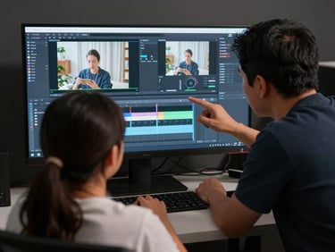 Over-the-shoulder medium shot of a student and a mentor reviewing footage on a large edit suite monitor, both leaning toward the screen, monitor glow the only light source in a darkened room