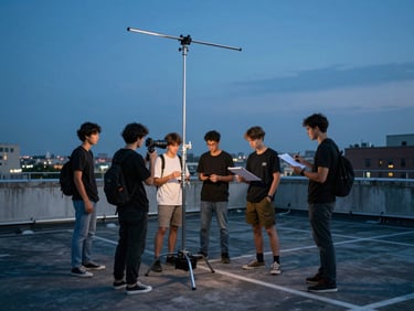 Wide shot of a student film crew mid-setup on a city rooftop at dusk, gaffer rigging a practical light stand, director reviewing a shot list, blue-hour sky behind