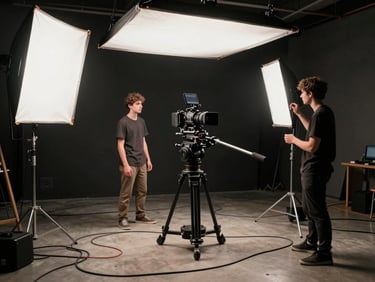 Wide angle of a student-operated film set inside a dark studio — a camera on sticks, softboxes rigged overhead, two students adjusting a practitioner light, cables running across the floor in visible tangles