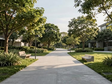 Architectural rendering of a private park within a residential enclave, native trees, clean concrete paths under soft afternoon sunlight.