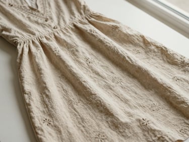 Flat lay of a beige linen midi dress with delicate embroidery, soft natural light, warm editorial photography.