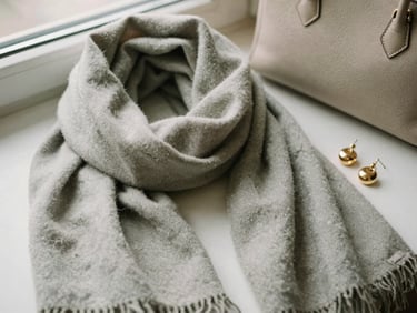 Flat lay of autumn fashion accessories: soft sage scarf, light gold earrings, textured handbag, warm editorial photography.