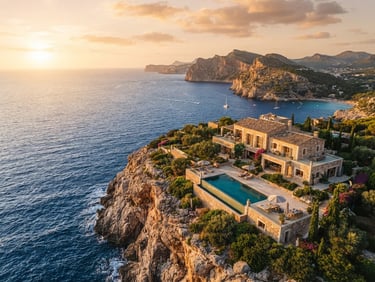 Wide cinematic drone shot of a luxury cliffside villa in Mallorca at golden hour, deep blue Mediterranean sea below, warm sunlight bathing stone walls