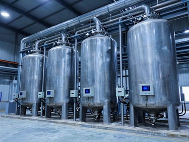 High-tech industrial interior showing thermal energy storage tanks integrated with steel piping and digital monitoring systems, cool blue lighting