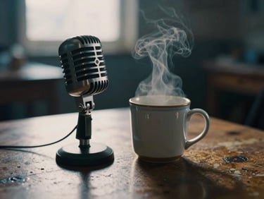 Close-up of a vintage microphone on a worn wooden table, steam rising from a ceramic mug, soft cabin glow, shallow depth of field, 35mm film grain.