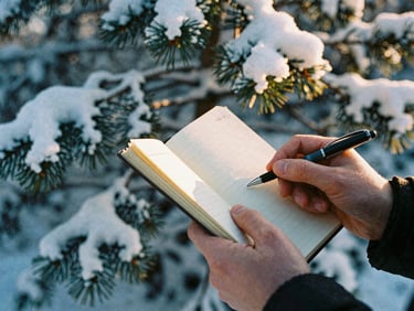 Close-up of hands holding a worn journal and pen, surrounded by snow-dusted pine branches, soft overcast winter daylight, 35mm film grain.