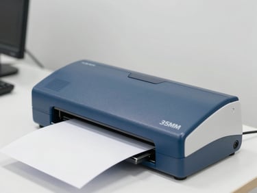 Medium close-up of high-speed document scanners in action inside a bright, clean, neutral-lit professional office environment, sharp focus, 35mm