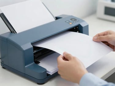 Close-up of professional hands feeding paper files into a high-speed document scanner, bright neutral lighting, sharp focus