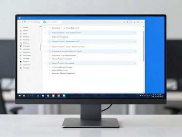 A clean modern computer monitor displaying an organized, indexed digital file structure, sharp focus, blue tones