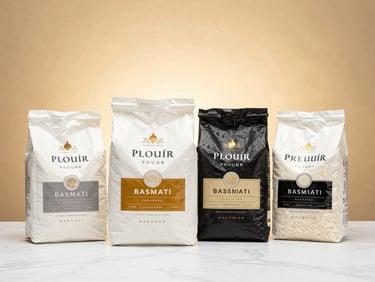 A clean-lined, elegant product lineup of premium flour and basmati rice packages on a white marble surface, warm gold lighting