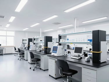 Wide panoramic shot of a pristine, high-capacity laboratory testing environment with modern equipment, bright architectural daylight, sharp focus