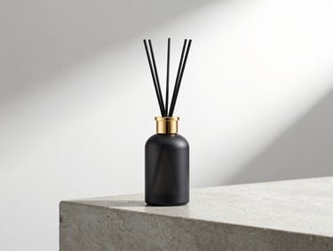 Elegant room freshener mist bottle standing on a polished concrete shelf, soft shadows, airy clinical atmosphere.