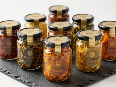 Premium glass jars of traditional Indian pickles arranged on a dark slate surface, rich textured spices visible, warm golden highlights