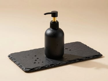 Minimalist dishwash gel dispenser on a matte black slate tray, clean water droplets, soft gold lighting, studio commercial.