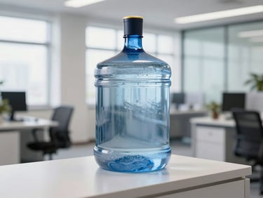 Clean commercial shot of a robust 20L water jar positioned on a minimalist dispenser, bright daylight, professional corporate office background