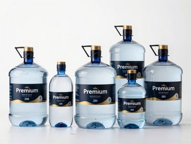 Premium packaged drinking water bottles of various sizes, 250ml to 20L jars, pristine clean background with water droplet reflections