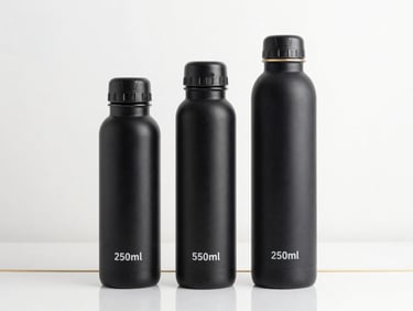 Clean studio shot of three premium water bottles (250ml, 500ml, 1L) on a reflective white surface with a minimalist gold accent line