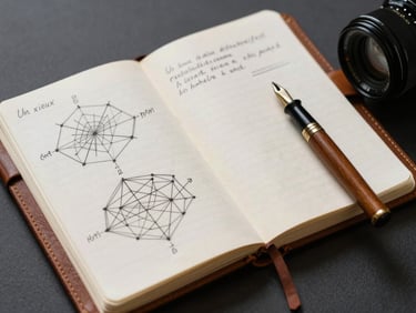 Un vieux carnet de notes en cuir ouvert sur des schémas géométriques de radiesthésie, plume et encrier à côté.