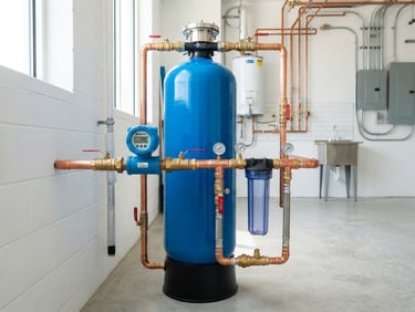 A clean, modern utility room showcasing a newly installed industrial water filtration tank, copper pipes, and a digital flow meter under clear daylight.