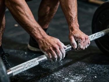Close-up of calloused male hands rubbing chalk before a heavy lift, raw steel barbell knurling, dramatic spotlighting.