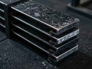 Close-up of black iron plates loaded on a sleeve, metallic silver highlights, dark charcoal background.